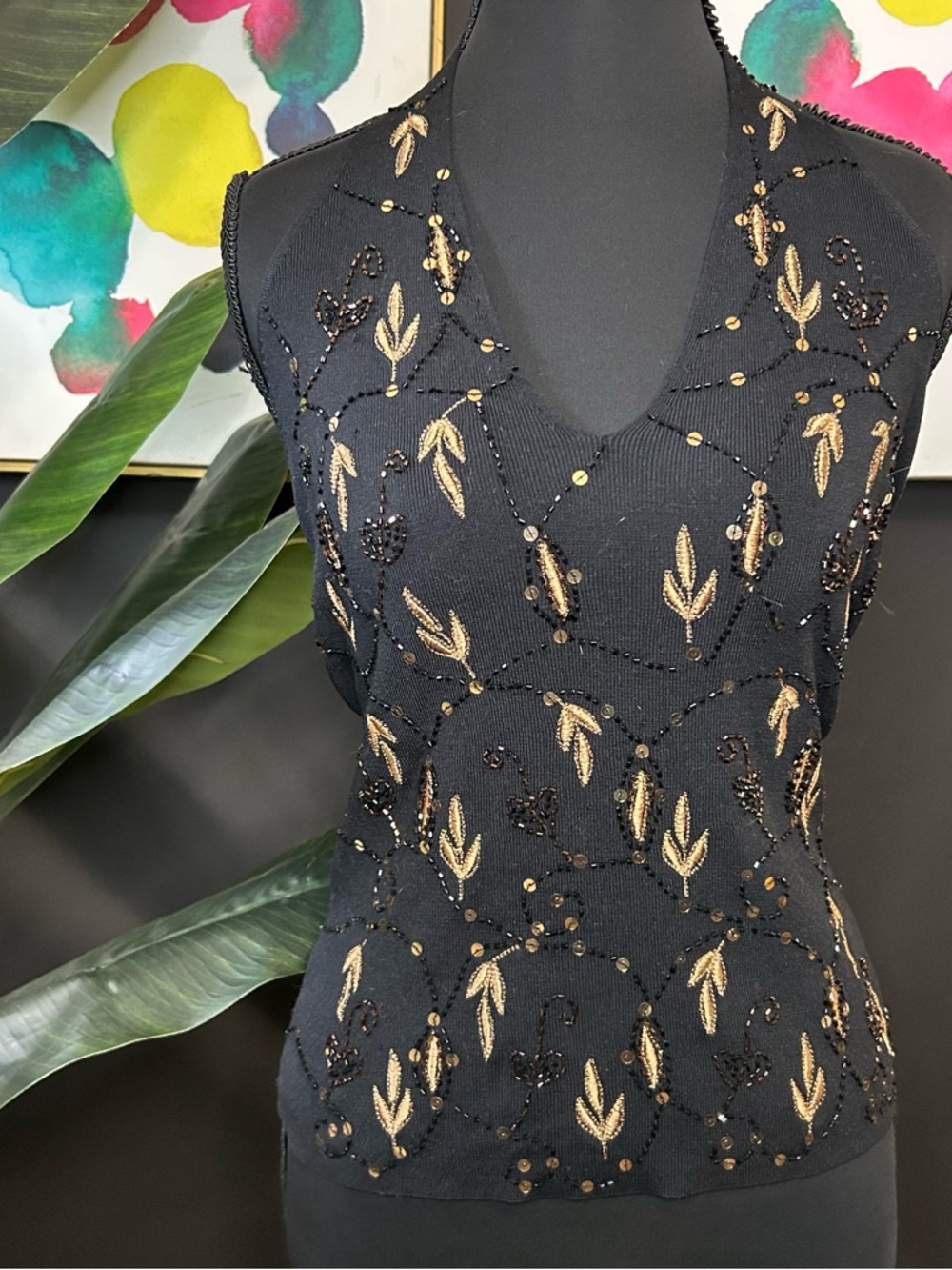 Lillie Rubin 90s Sequin Black & Gold beaded Halter Top